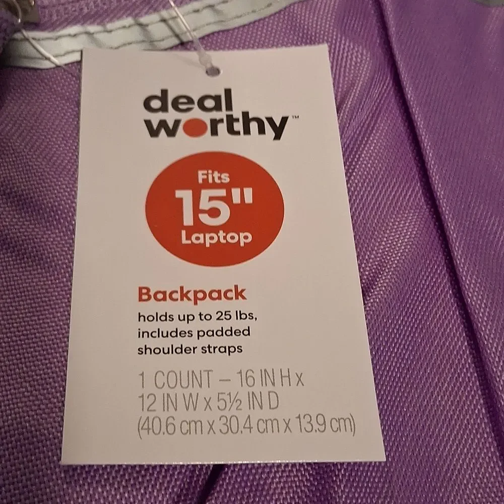 Purple Backpack By Deal Worthy Big Enough To Fit A Laptop. New With Tags